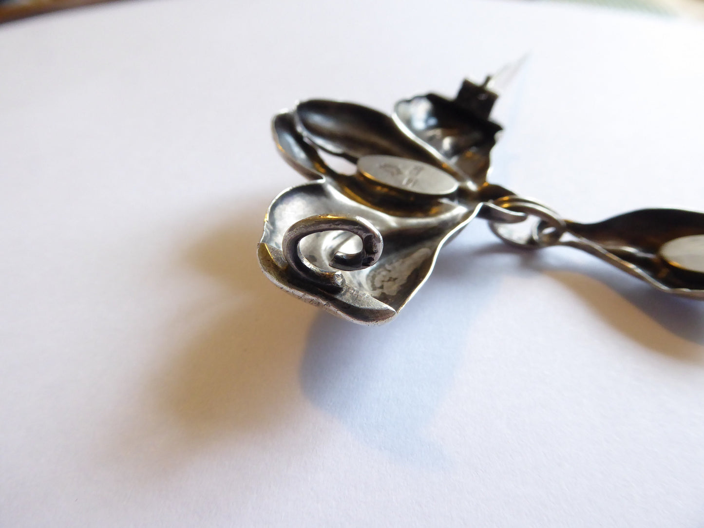 Art Nouveau Bernhard Hertz silver brooch. Denmark cabochon moonstones c 1919