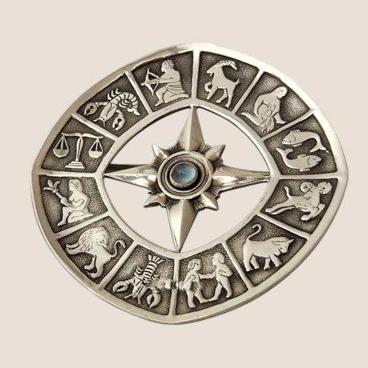 Alton, Sweden, 1962. Silver/ moonstone Zodiac brooch