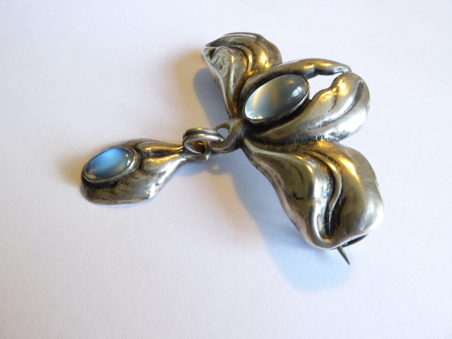 Art Nouveau Bernhard Hertz silver brooch. Denmark cabochon moonstones c 1919